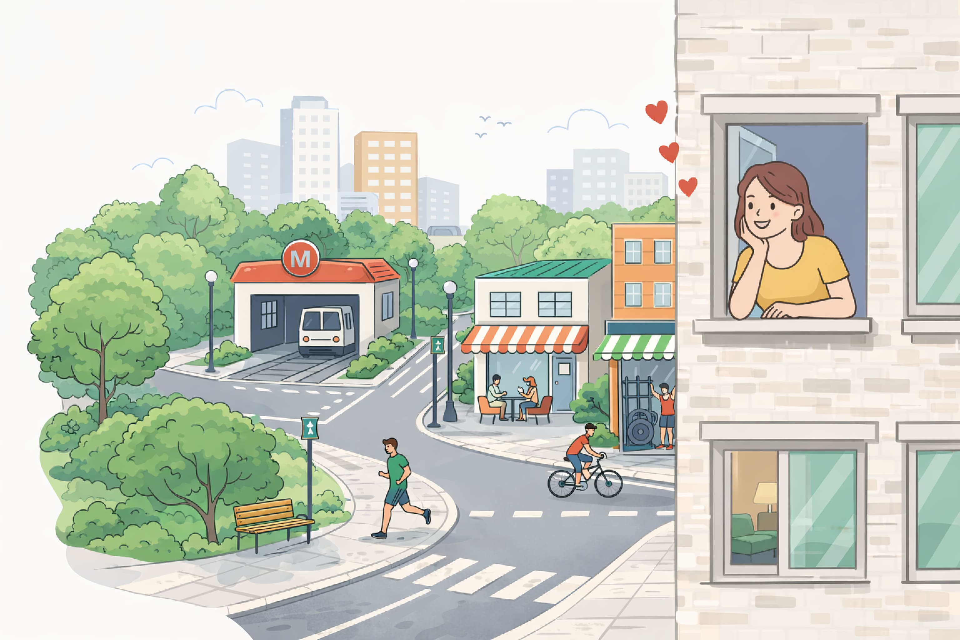 Une femme, heureuse, observe à sa fenêtre le quartier où elle habite